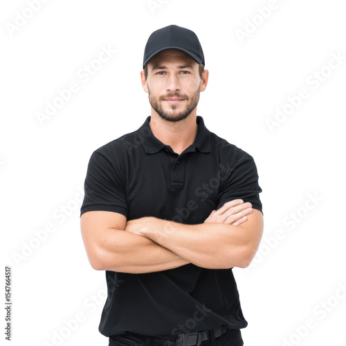Confident young man in a black polo shirt and cap standing with arms crossed against a clean white background. exuding professionalism and readiness for various roles