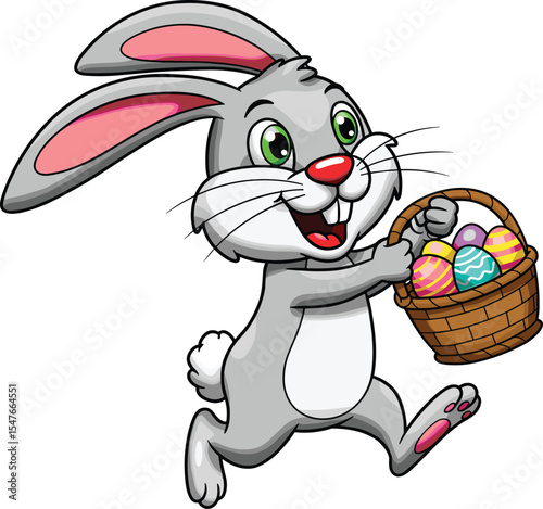 Cartoon Easter bunny running with a basket of colorful eggs, smiling happily, perfect for spring celebration, greeting cards, kids illustration, holiday design