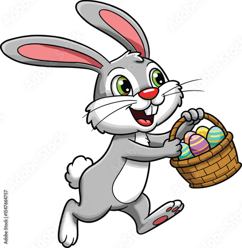 Cute Easter Bunny cartoon holding a basket of colorful eggs, running happily, perfect for spring holiday greeting, children’s design, festive illustration