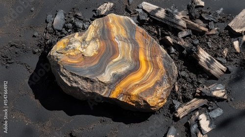 Colorful Stratified Rock Lying on Dark Ground with Wood Fragments