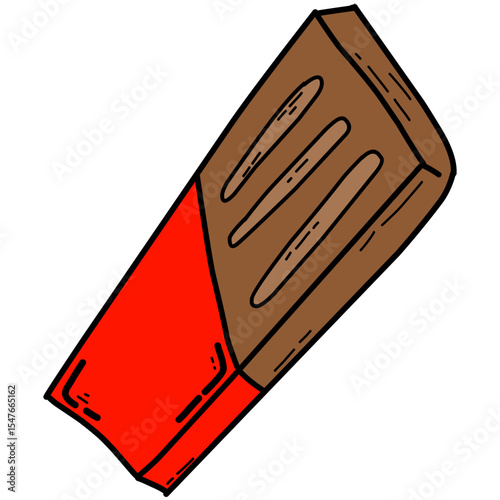 a chocolate bar partially wrapped in a red wrapper. The simple cartoon-style design uses bold outlines and flat colors, suitable for food-themed graphics or product icons.