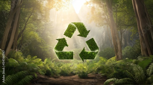 A glowing green recycling symbol, made of sleek metallic arrows, floating in the air above a lush forest