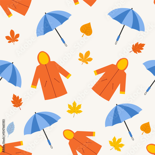 Colorful raincoat and umbrella pattern with autumn leaves on a light background. Seamless pattern