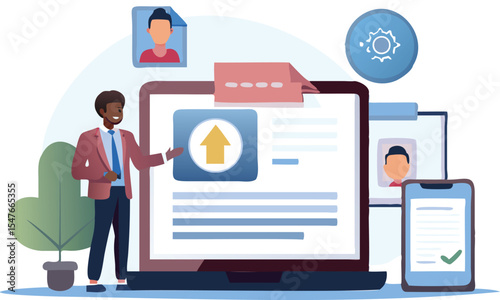 Illustration of a man presenting an application on a laptop with a mobile phone and profile icons nearby