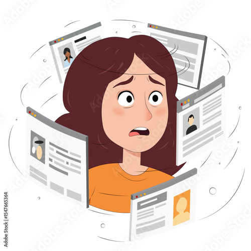 Anxious girl surrounded by browser windows. Tabs spin around the girl's face. Digital fatigue, internet addiction. Cyberbullying.