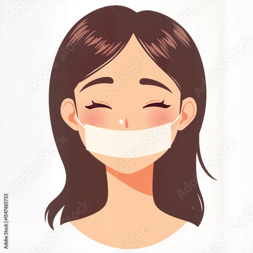 Girl with taped mouth smiling, expression of resilience