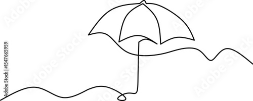 One-line drawing of a beach scene featuring a simple umbrella and wave design. Perfect for summer, vacation, or tropical theme illustrations and designs.