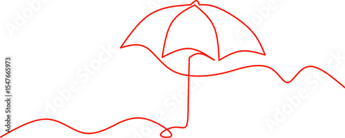 One-line drawing of a beach scene featuring a simple umbrella and wave design. Perfect for summer, vacation, or tropical theme illustrations and designs.