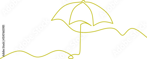 One-line drawing of a beach scene featuring a simple umbrella and wave design. Perfect for summer, vacation, or tropical theme illustrations and designs.