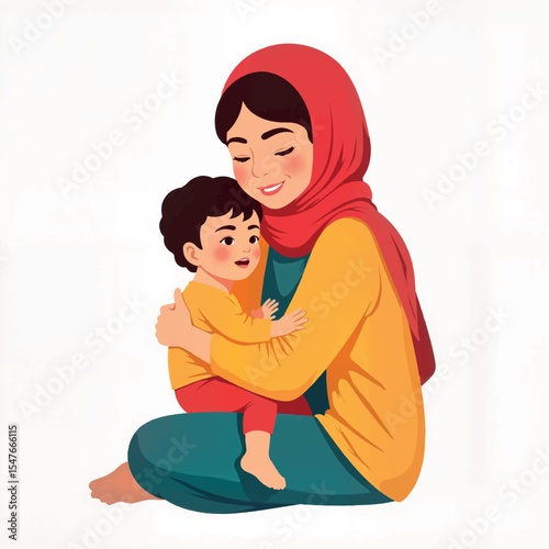 Compassionate mother cuddling child refugee on white background, love