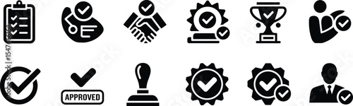  Approved Business Services Icons: Quality Assurance, Successful Partnership, Completed Task, Verified Agreement, Certified Process, Achievement and Endorsement Symbols for Professional Use.