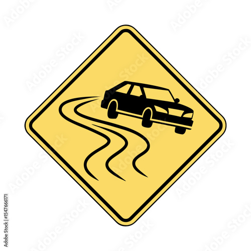 Slippery Road Warning Sign. Yellow Diamond Traffic Sign with Skidding Car Icon, Caution for Wet or Icy Conditions, Isolated Vector