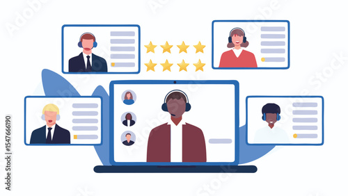 Online meeting with customer service representatives and five star rating on a laptop screen view