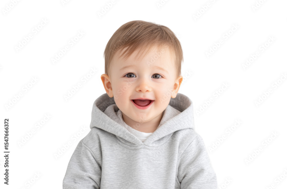 A cheerful toddler wearing a gray hoodie smiles brightly against a minimalist white background. capturing a moment of joy and innocence. ideal for family or parenting themes A cheerful toddler wearing a gray hoodie smiles brightly against a minimalist white background. capturing a moment of joy and innocence. ideal for family or parenting themes
