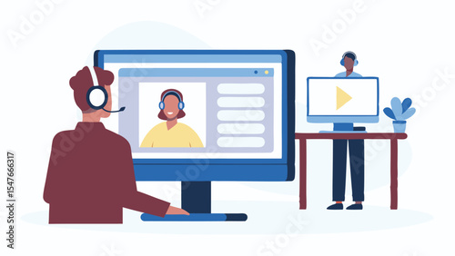 Illustration of two people in a video conference using computers with headsets and a plant on a desk