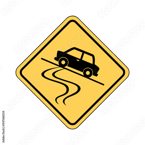 Slippery Road Warning Sign. Yellow Diamond Traffic Sign with Skidding Car Icon, Caution for Wet or Icy Conditions, Isolated Vector
