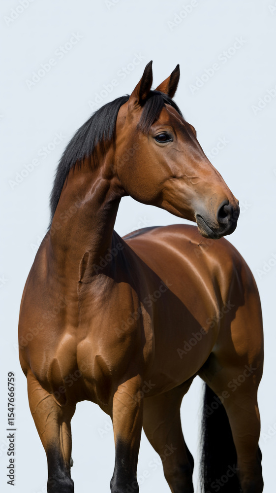 Obraz premium Beautiful brown horse isolated on white blue background