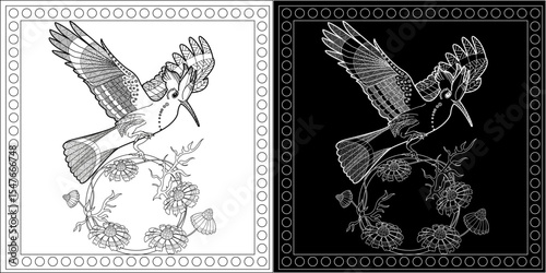 Art therapy coloring page. Birds hand drawn in vintage style with flowers. Hoopoe and flowers. The art of linear engraving. Antistress freehand sketch drawing with doodle and Adobe Illustrator Artwork