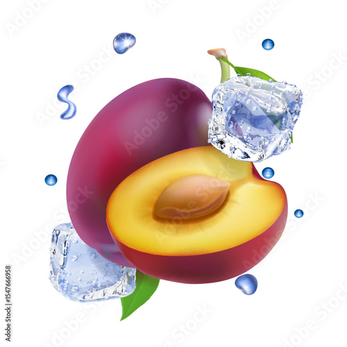 Realistic plum. Ripe plums fruit with leaf 3d vector illustration with ice cubes. Cold plum juice or smoothie