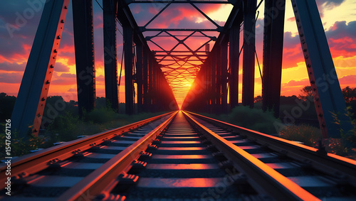 Sunset railroad tracks on a metal bridge