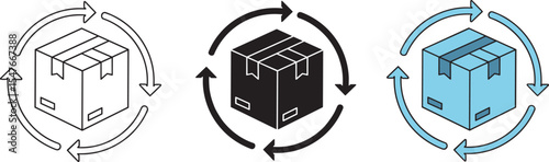 Product Return and Exchange Icons: Recycling, Circular Economy, E-commerce Logistics, Shipment Refund, Delivery Service, Package Loop, Reverse Logistics, Sustainable Business Process.