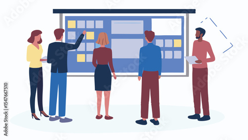Group of people standing in front of a board with sticky notes during a business meeting session