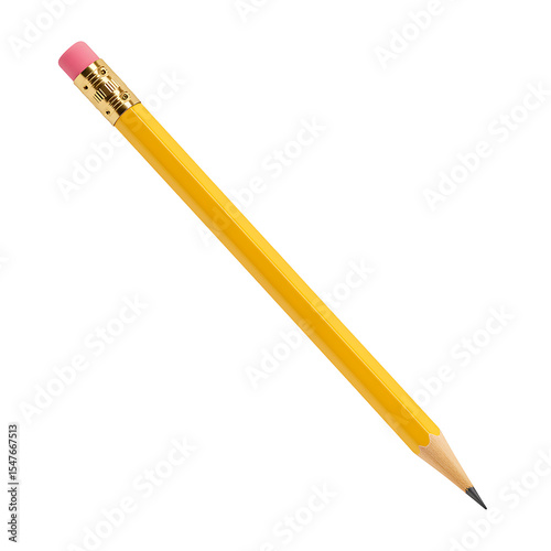 A yellow pencil with a pink eraser diagonally positioned on a black background showing details such as the graphite tip and metal clasp