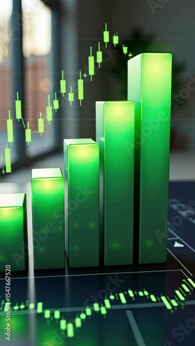 A dynamic 3D graph chart icon with rising bars in emerald green, floating above a dark interface, symbolizing business growth.