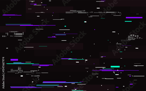 Digital glitch effect with violet and green lines. White distortion elements on black background. Bad video signal. Futuristic tech error screen. Abstract pixel noise. Vector Illustration.