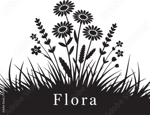A silhouette illustration of wildflowers and grass, featuring the word "Flora."