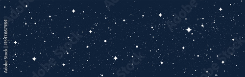 Starry night sky background with white stars on deep blue. Elegant space scene for science, astronomy or cosmic wallpaper. Cosmic constellations. Clean cartoon style. Vector Illustration.