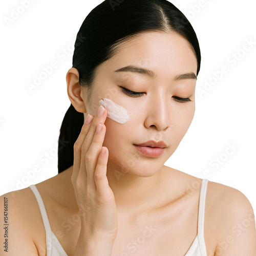 Korean woman applying cream. skin care. Korean cosmetics. clean skin