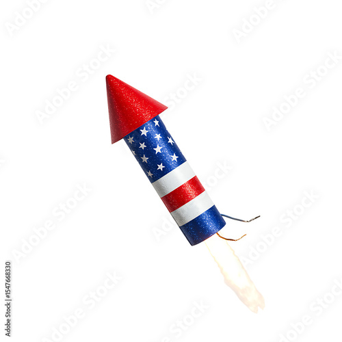 An American flagthemed firework is shown against a black background midlaunch with smoke and fire appearing beneath