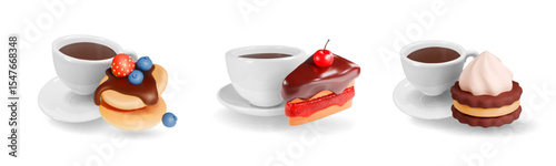 3d coffee and dessert icons. white espresso cup, cookie, pancakes with berries. Breakfast icons. sweet cake desserts with cream and chocolate.