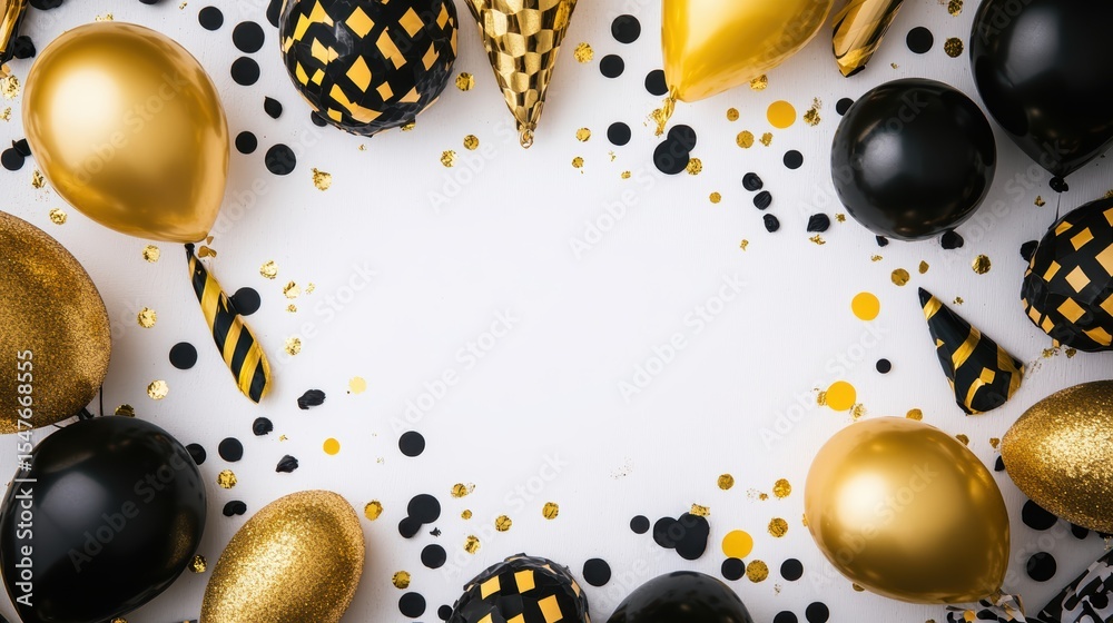 Fototapeta premium Festive Black and Gold Party Decorations with Balloons and Confetti