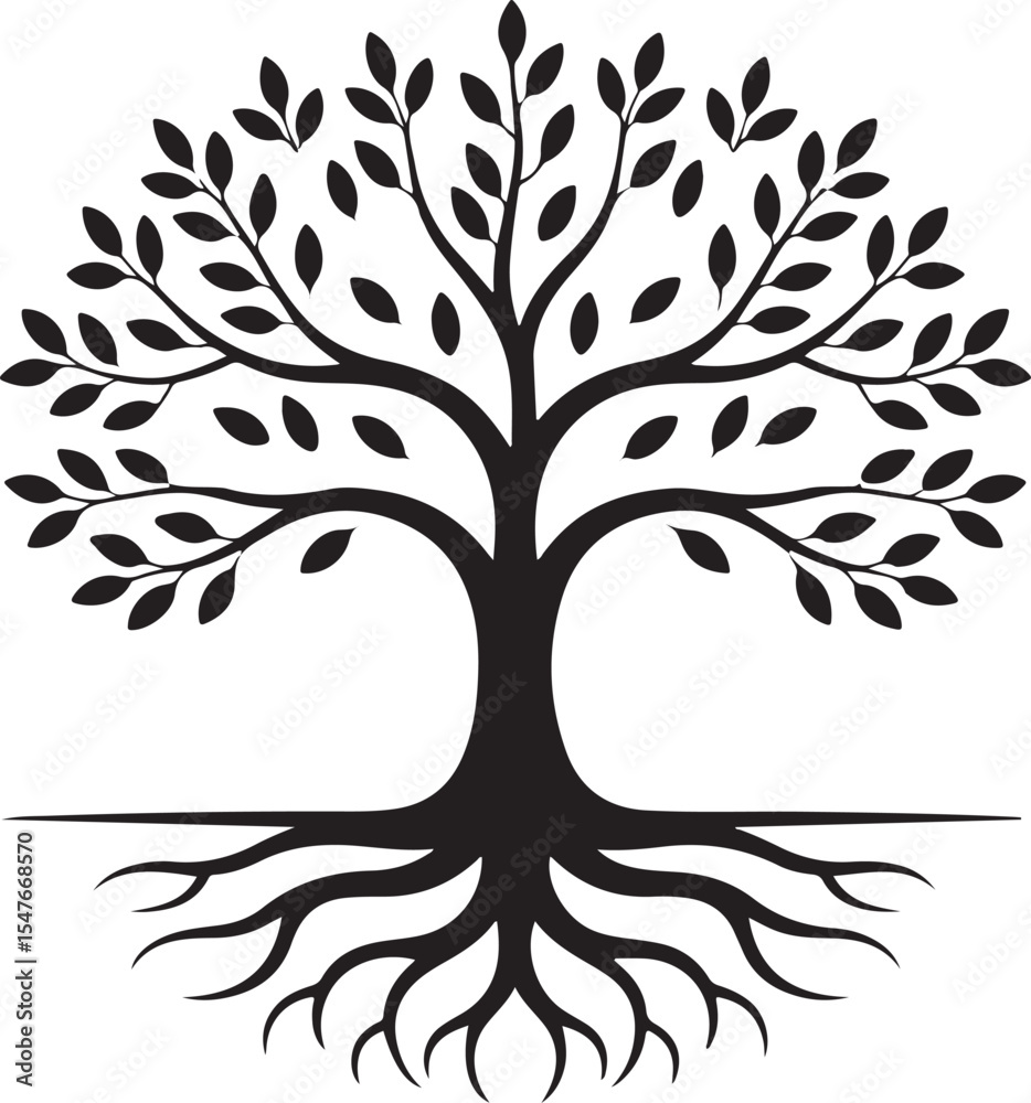 Obraz premium Black silhouette of a tree with leaves and roots, showcasing growth and nature's foundation.
