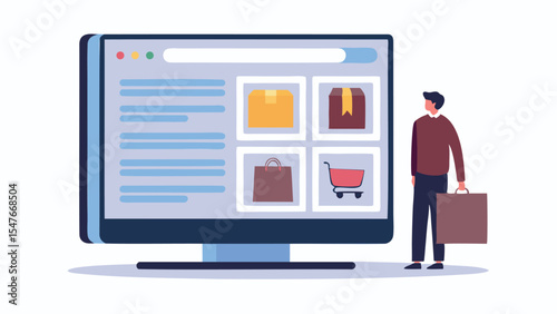 Person standing next to a computer screen displaying an online shopping website with product listings and search bar