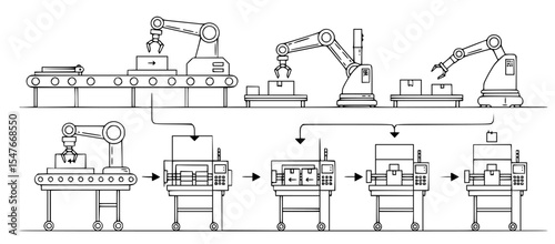 Illustration of Automated Production Line: Robotic Arms and Conveyor Systems Optimizing Workflow in Modern Manufacturing Processes
