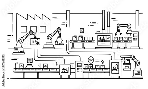 Linear Illustration of an Automated Industrial Production Line with Robotic Arms, Machinery, and Conveyors in a Modern Factory Setting