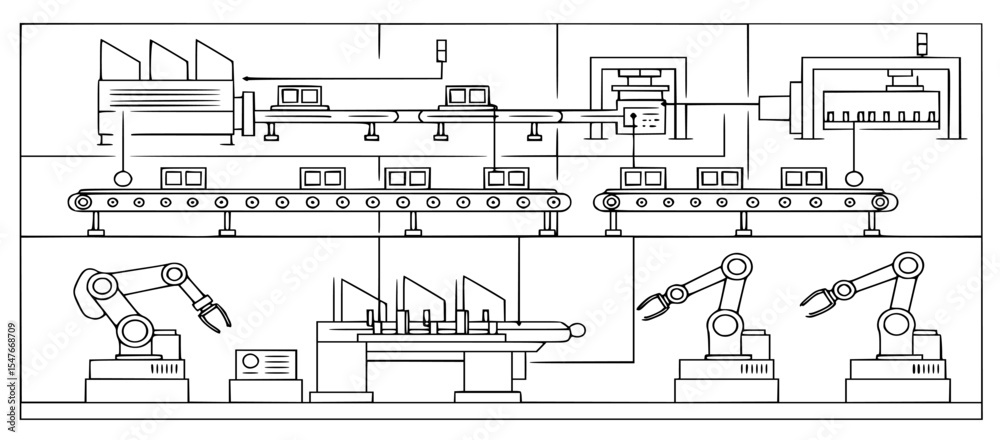 Obraz premium Automated Manufacturing Line: A Detailed Illustration of Industrial Robotics and Assembly Processes for Modern Production