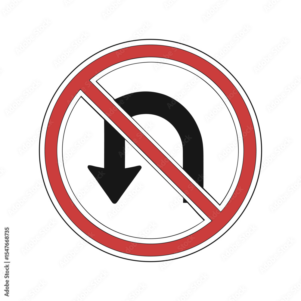 No U-Turn Traffic Sign. Red and White Circular Road Sign with Black U-Turn Arrow and Prohibition Symbol for Road Safety and Regulations No U-Turn Traffic Sign. Red and White Circular Road Sign with Black U-Turn Arrow and Prohibition Symbol for Road Safety and Regulations