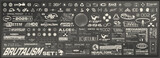 Brutalism graphic pack. Fake logos, icons, tech labels and monochrome stickers in futuristic Y2K style. Cyberpunk visual elements for UI, posters, apparel and design projects. Vector set