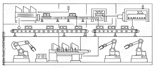 Automated Manufacturing Line: A Detailed Illustration of Industrial Robotics and Assembly Processes for Modern Production