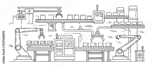 Line Art Illustration of a High-Tech Robotic Manufacturing Facility with Advanced Automation Processes and Efficient Workflow Systems