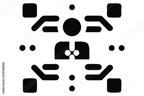 Abstract graphic design of a person surrounded by interconnected shapes.