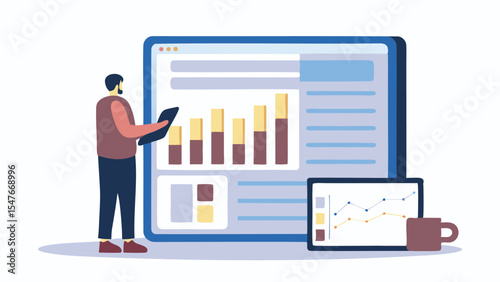 Man analyzing bar graph on large screen next to smaller screen with line chart and coffee cup nearby