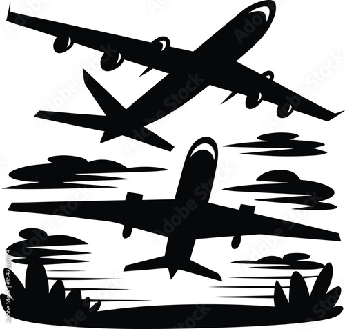 Collection of silhouettes of animals: men, children, women, a plane, a bird 
