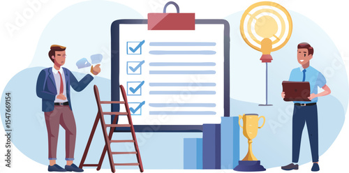 Two men working on a project with a checklist ladder trophy and lightbulb in a blue and white scene