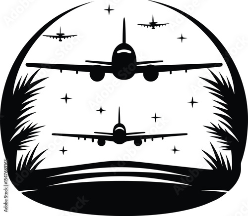 Collection of silhouettes of animals: men, children, women, a plane, a bird 
