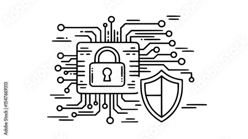 An abstract illustration of digital security featuring a padlock and shield, representing cybersecurity in the modern technology landscape